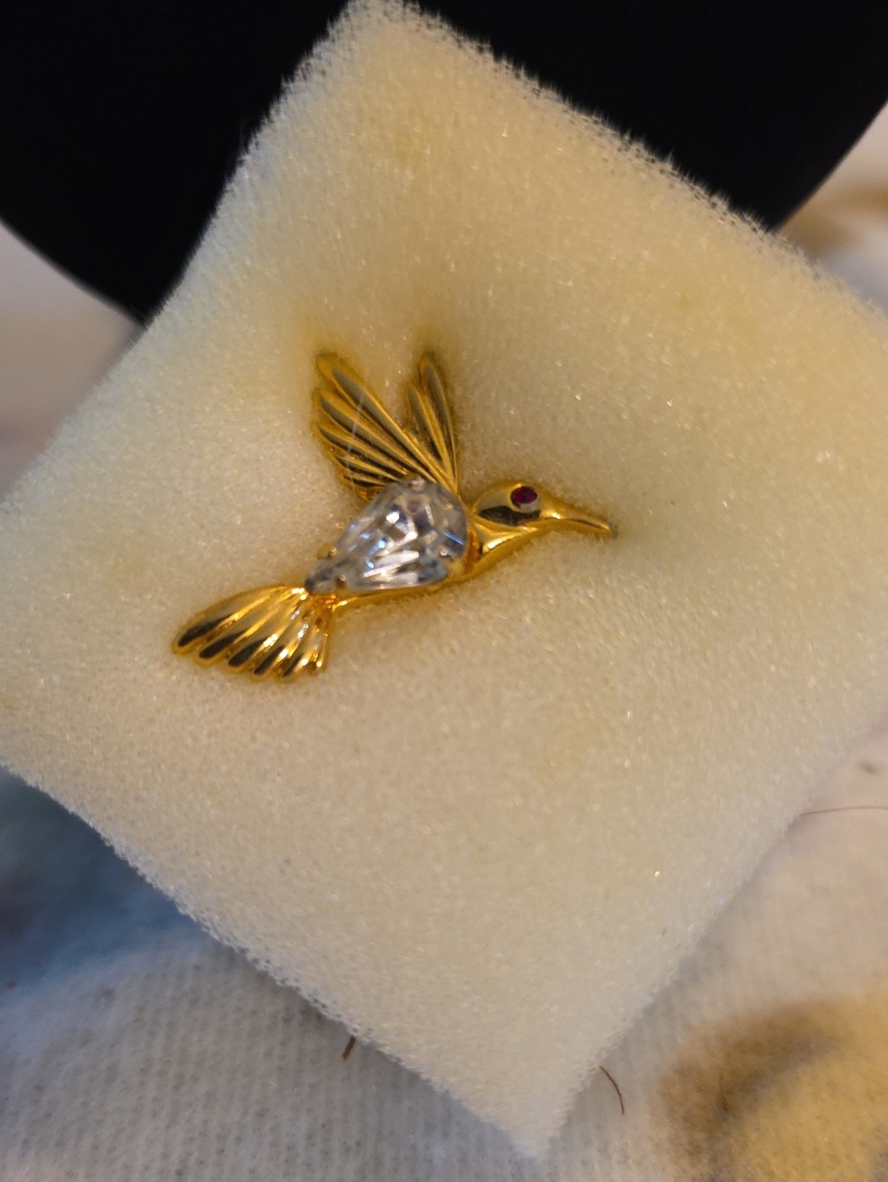 Gold Tone Hummingbird Brooch with Clear Crystal and Ruby Accent